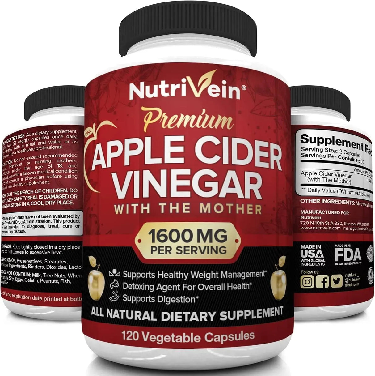 NUTRIVEIN - Nutrivein Apple Cider Vinegar 1600Mg. 120 Capsulas - The Red Vitamin MX - Suplementos Alimenticios - {{ shop.shopifyCountryName }}