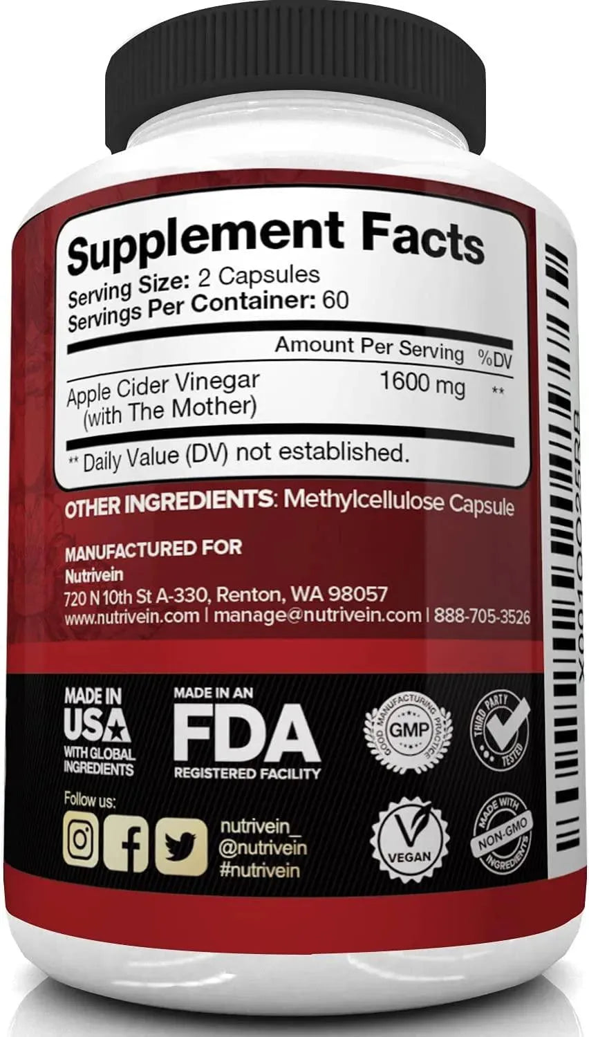 NUTRIVEIN - Nutrivein Apple Cider Vinegar 1600Mg. 120 Capsulas - The Red Vitamin MX - Suplementos Alimenticios - {{ shop.shopifyCountryName }}