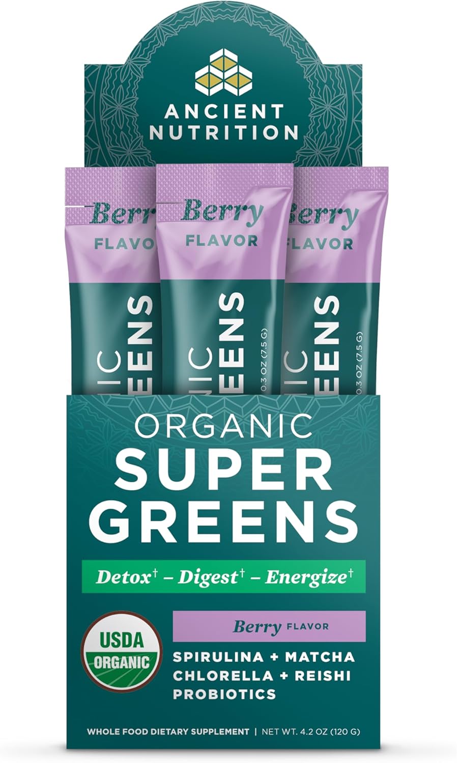 Ancient Nutrition SuperGreens Powder with Probiotics Organic Berry Flavor 16 Paquetes