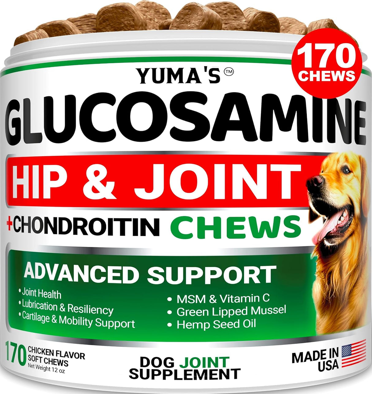 YUMA'S Glucosamine for Dogs Hip and Joint Supplement 170 Masticables