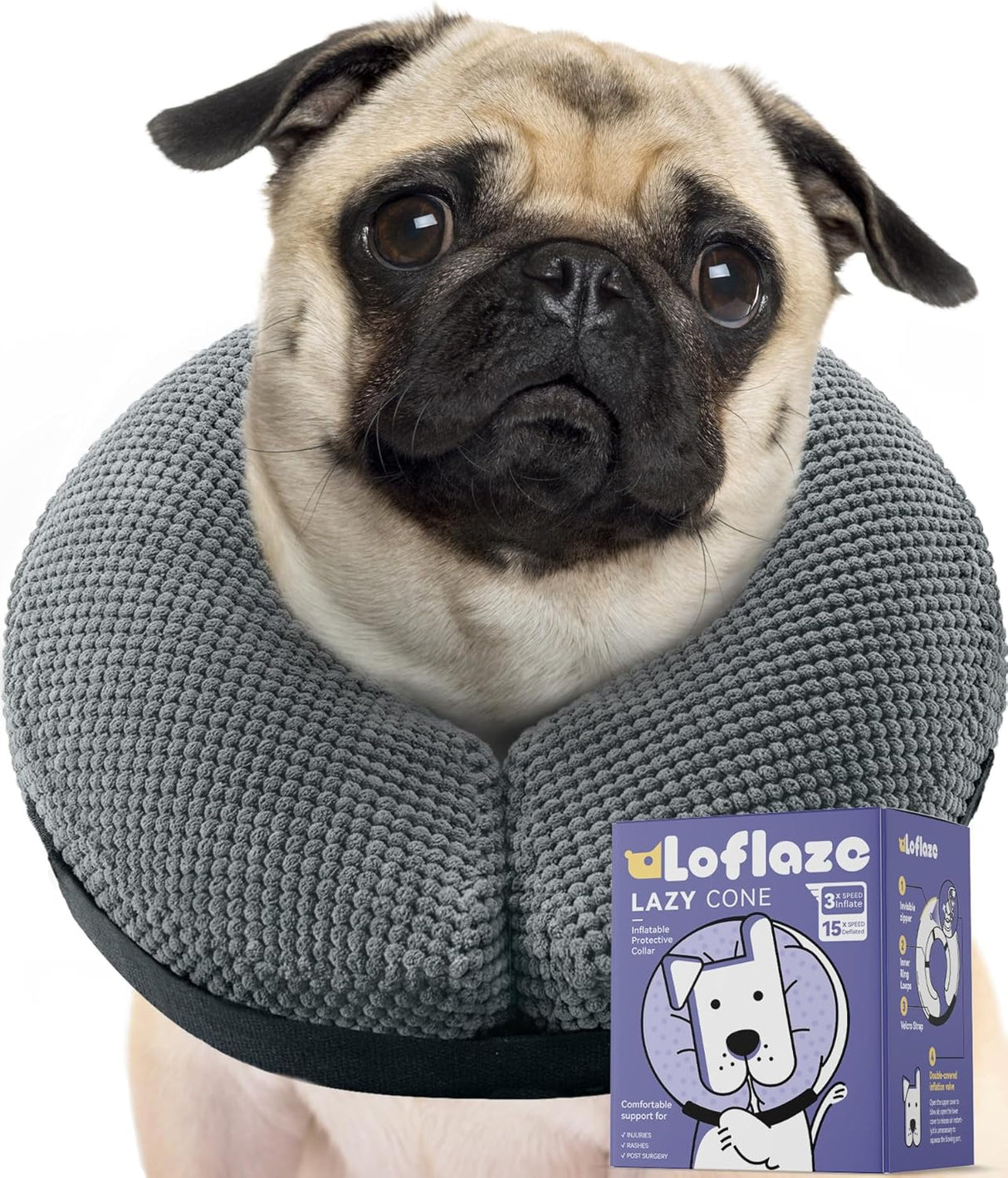 Loflaze Soft Inflatable Dog Cone Collar GREY LARGE
