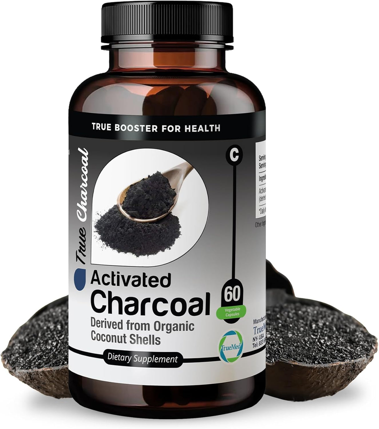 TRUEMED Activated Charcoal Organic Coconut Shell Derived 1200Mg. 60 Capsulas