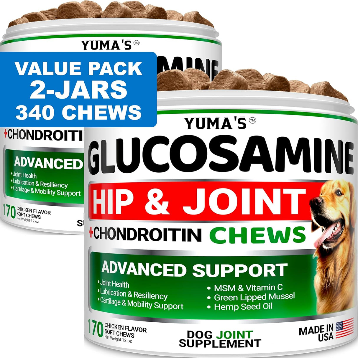 YUMA'S Glucosamine for Dogs Hip and Joint Supplement 170 Masticables 2 Pack