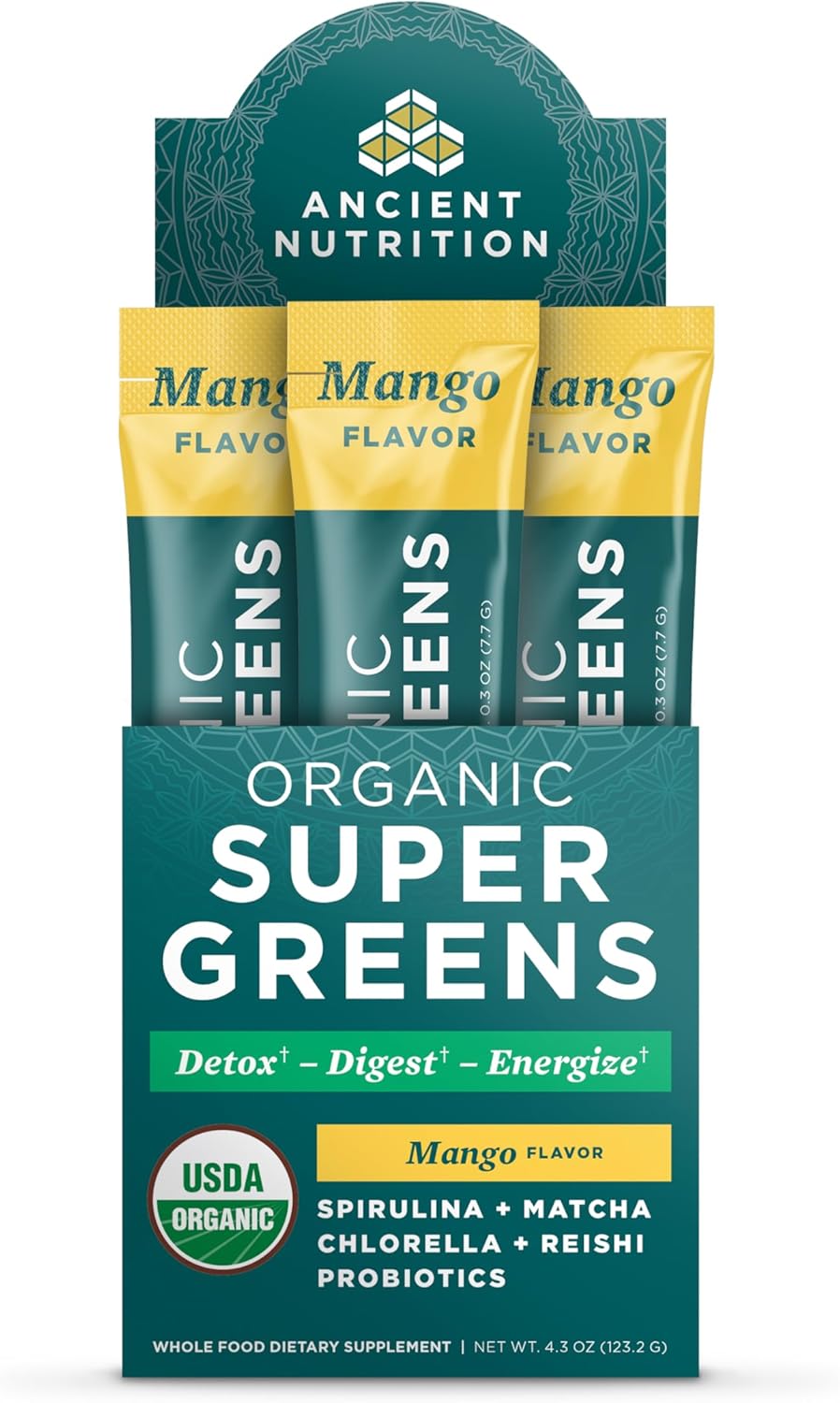 Ancient Nutrition SuperGreens Powder with Probiotics Organic Mango Flavor 16 Paquetes