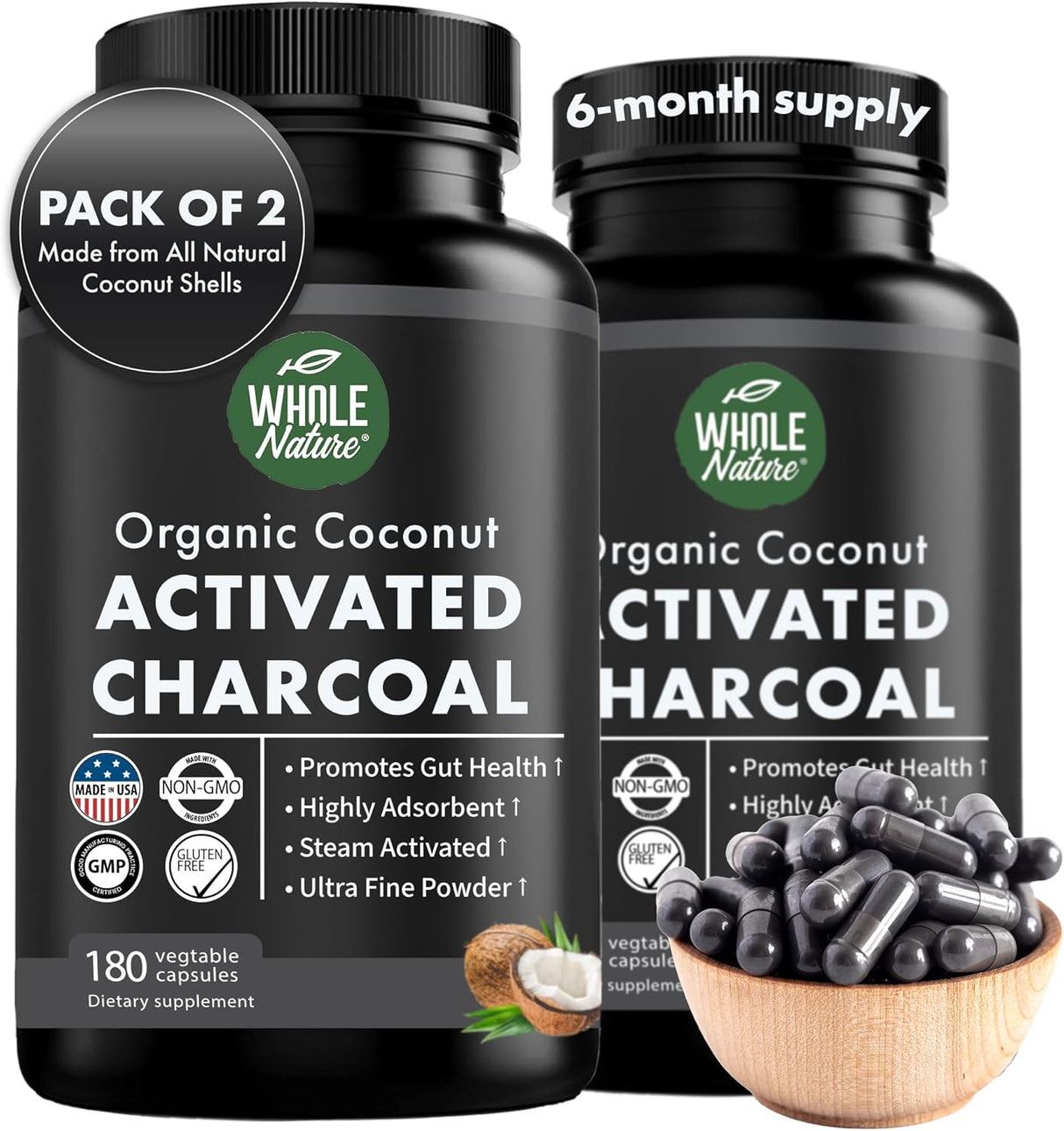 Whole Nature Pure Coconut Activated Charcoal 180 Capsulas 2 Pack