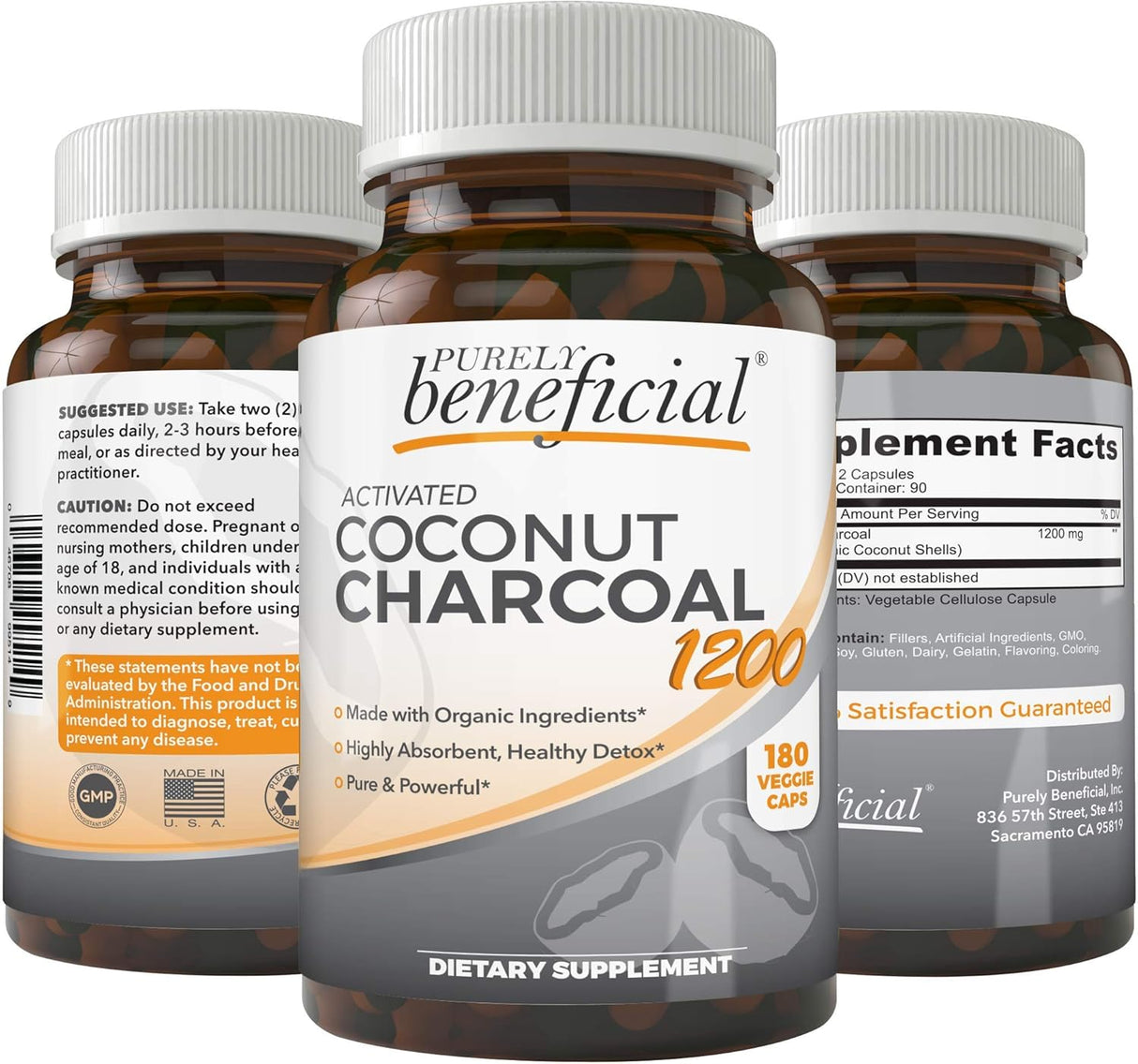 PURELY beneficial Activated Coconut Charcoal 1200Mg. 180 Capsulas