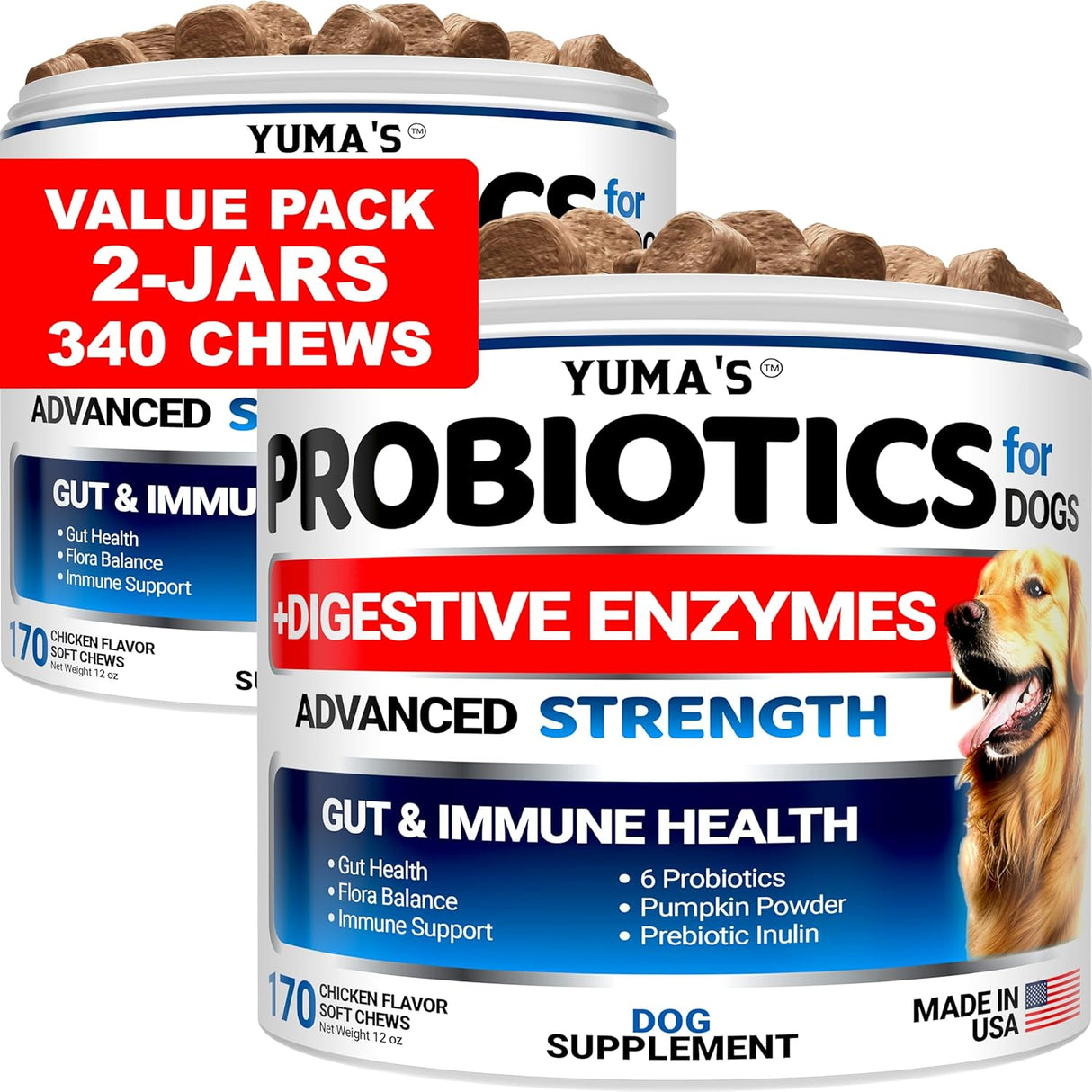 YUMA'S Probiotics for Dogs and Digestive Enzymes 170 Masticables 2 Pack