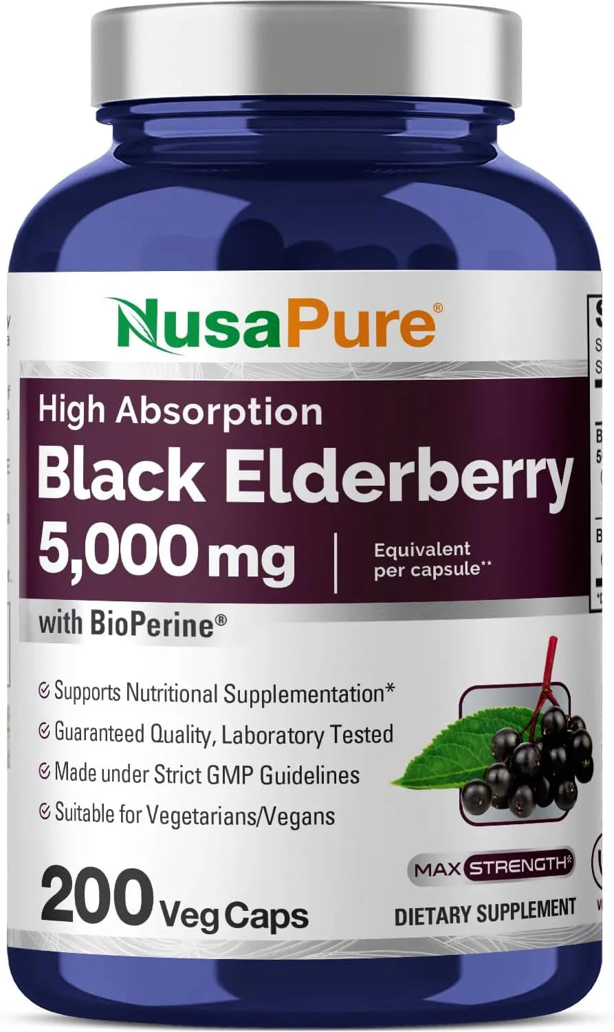 NUSAPURE - NusaPure Black Elderberry 5000Mg. 200 Capsulas - The Red Vitamin MX - Suplementos Alimenticios - {{ shop.shopifyCountryName }}