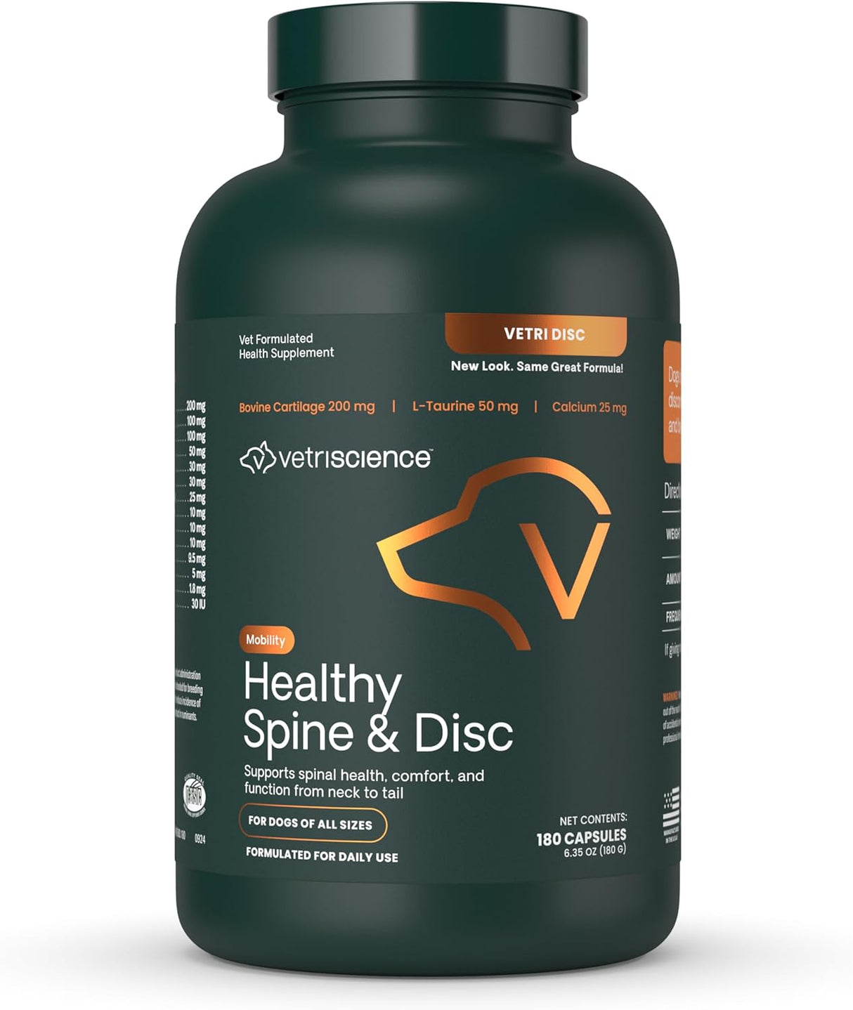 VetriScience Healthy Spine & Disc Back & Spinal Support Chondroitin & Taurine Supplement for Dogs 180 Capsulas