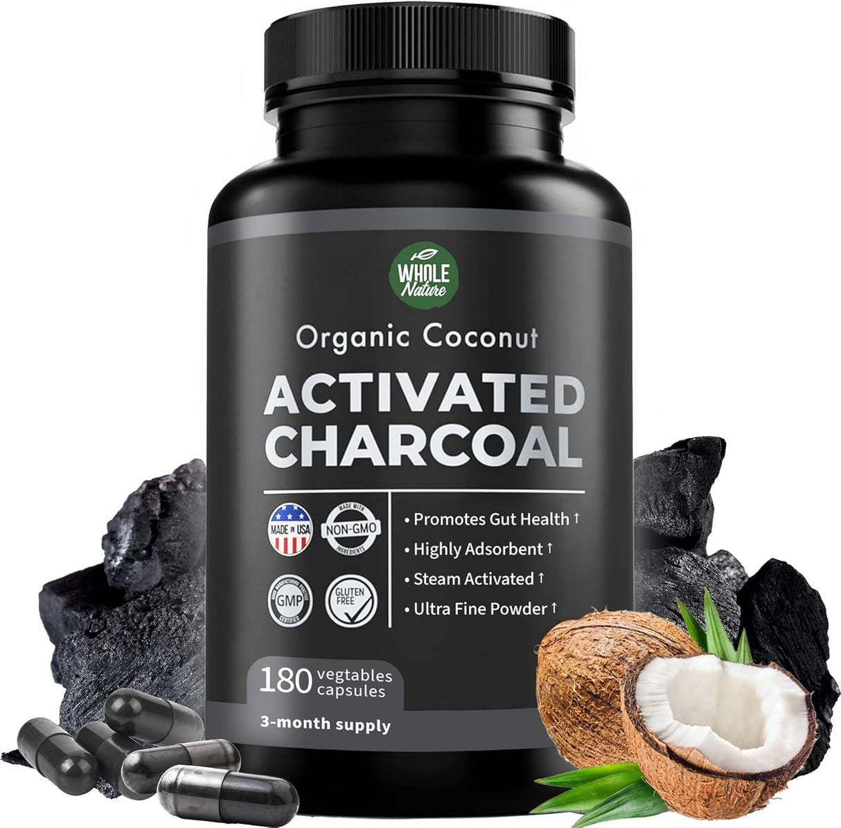 Whole Nature Pure Coconut Activated Charcoal 180 Capsulas