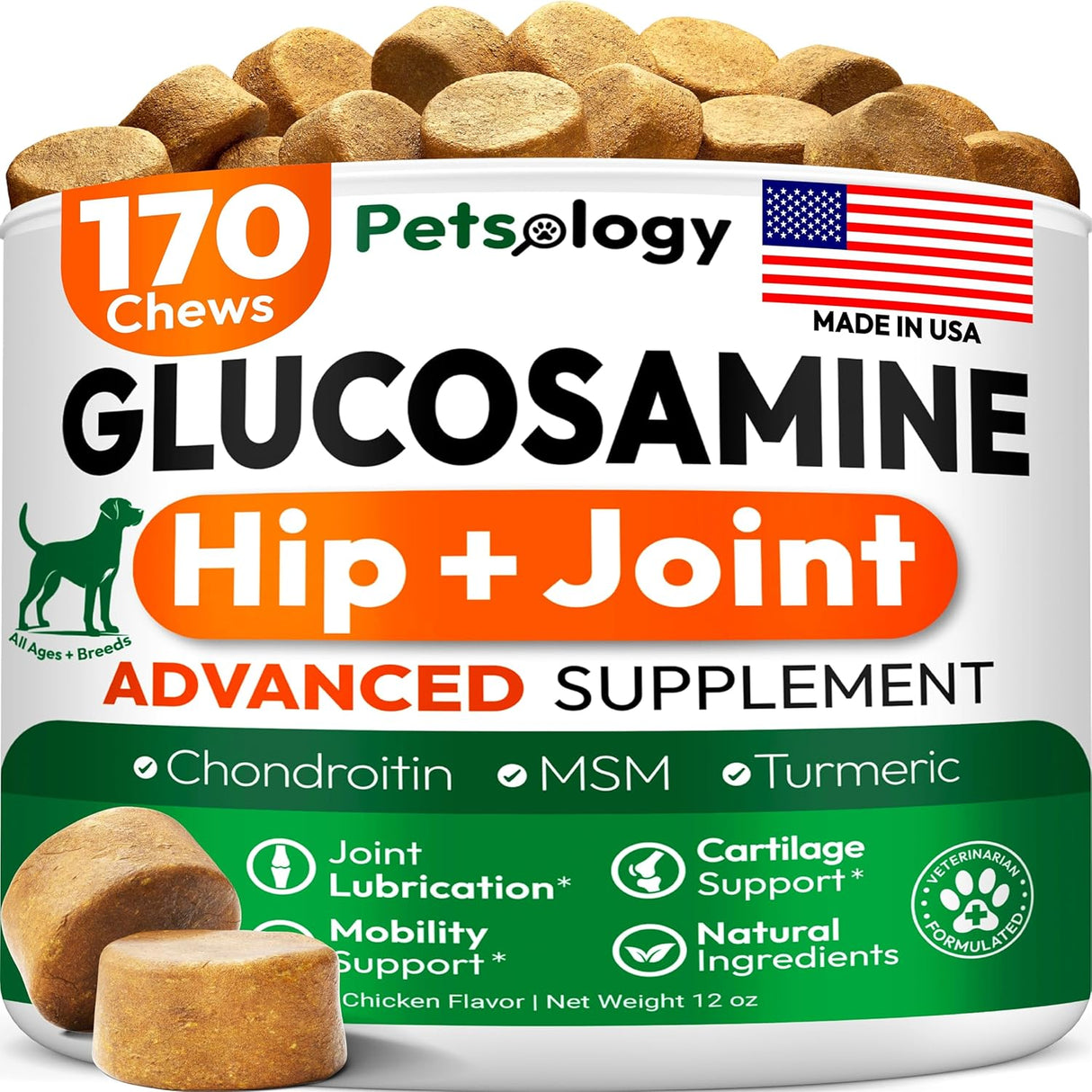 Petsology Glucosamine for Dogs Hip and Joint Supplement 170 Masticables