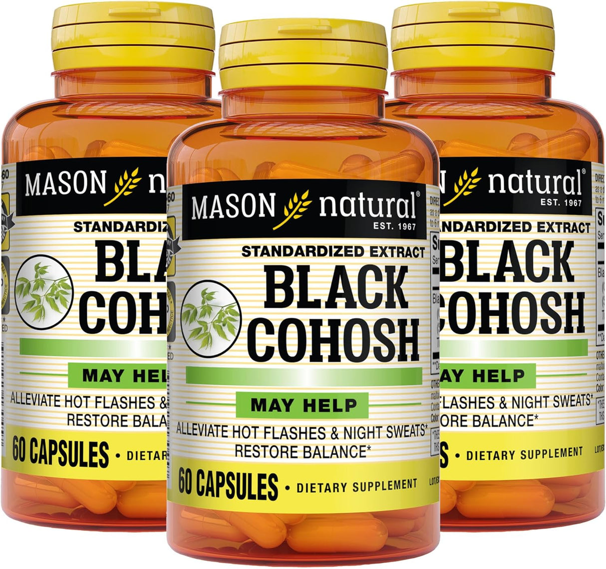MASON NATURAL Black Cohosh Alleviates Hot Flashes & Night Sweats 60 Capsulas 3 Pack