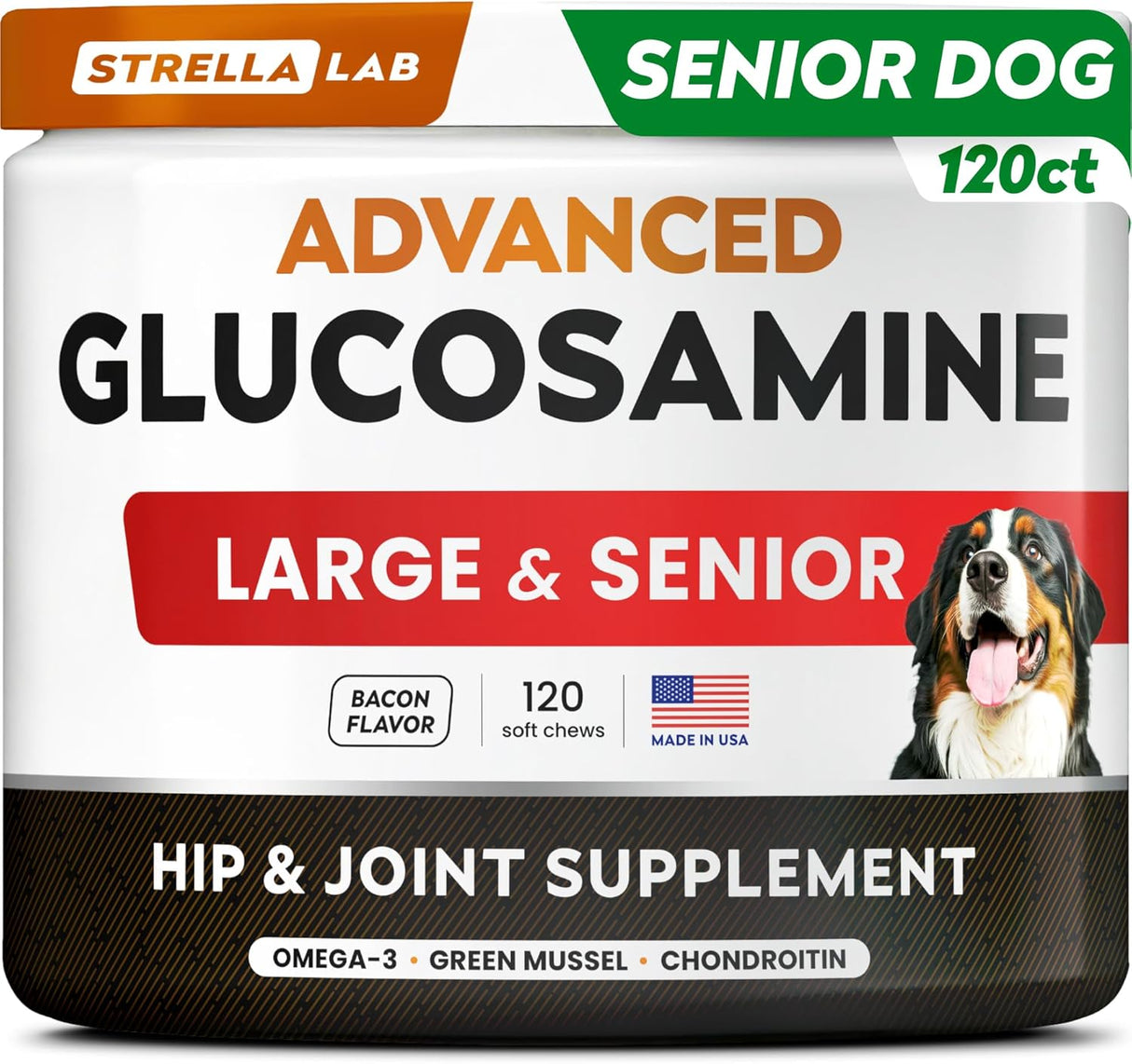 STRELLALAB Advanced Glucosamine Chondroitin Joint for Dogs Large & Senior Bacon Flavor 120 Masticables