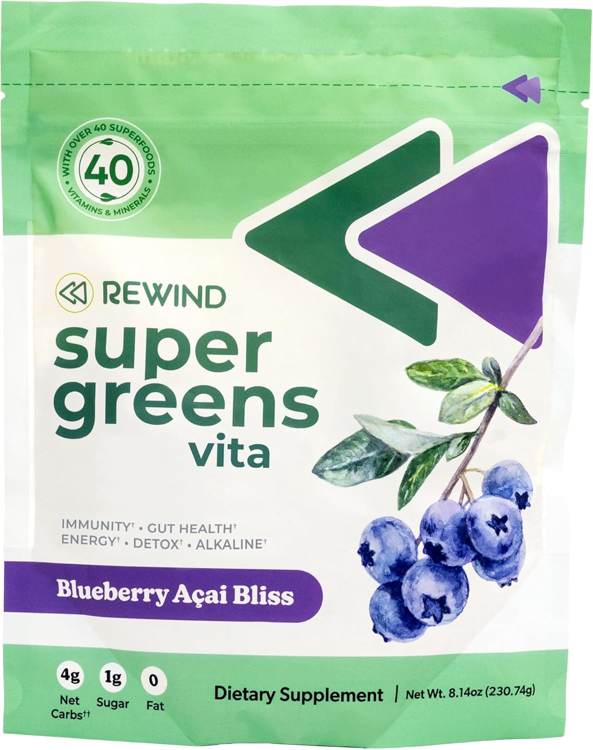 Rewind Super Greens Powder Blueberry Acai Bliss 230Gr.