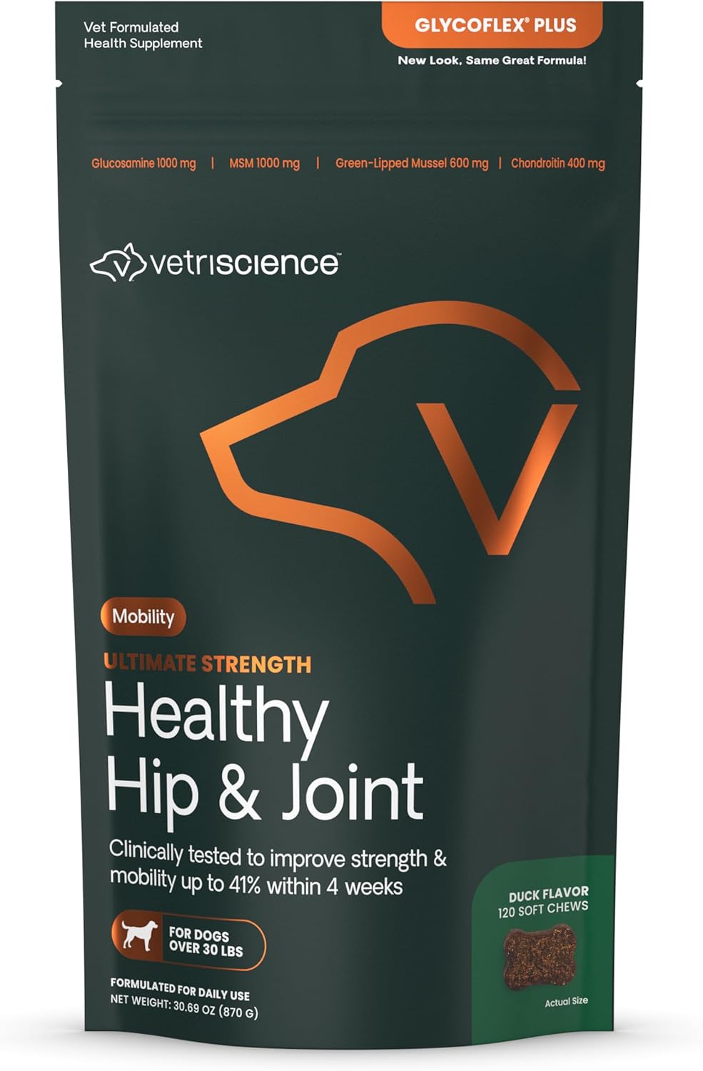 VetriScience GlycoFlex Ultimate Strength Healthy Hip & Joint Duck Flavor 120 Masticables