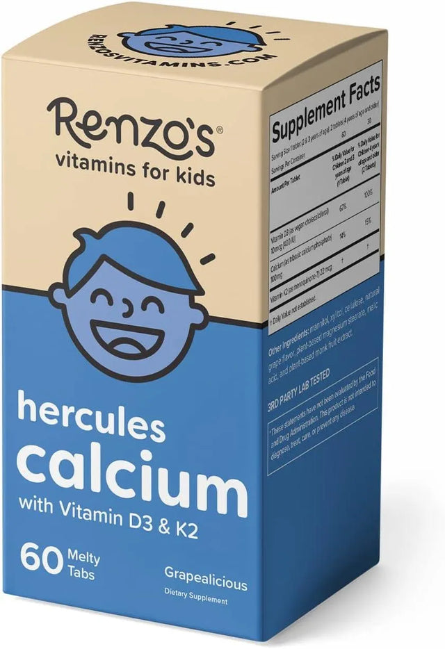 RENZO'S - Renzo's Hercules Calcium with Vitamin D3 & K2 Kids Ages+2 Grape-Flavored 60 Tabletas - The Red Vitamin MX - Suplementos Alimenticios - {{ shop.shopifyCountryName }}