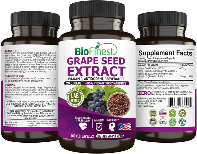 BIOFINEST - BioFinest Grape Seed 20000Mg. 180 Capsulas - The Red Vitamin MX - Suplementos Alimenticios - {{ shop.shopifyCountryName }}