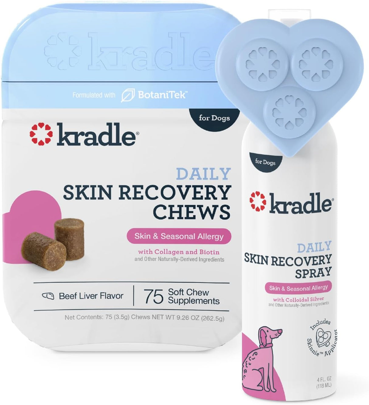 Kradle Skin Recovery Chews for Dogs 75 Masticables  Biotin Collagen Zinc + Anti-Itch Spray 4 Fl.Oz.