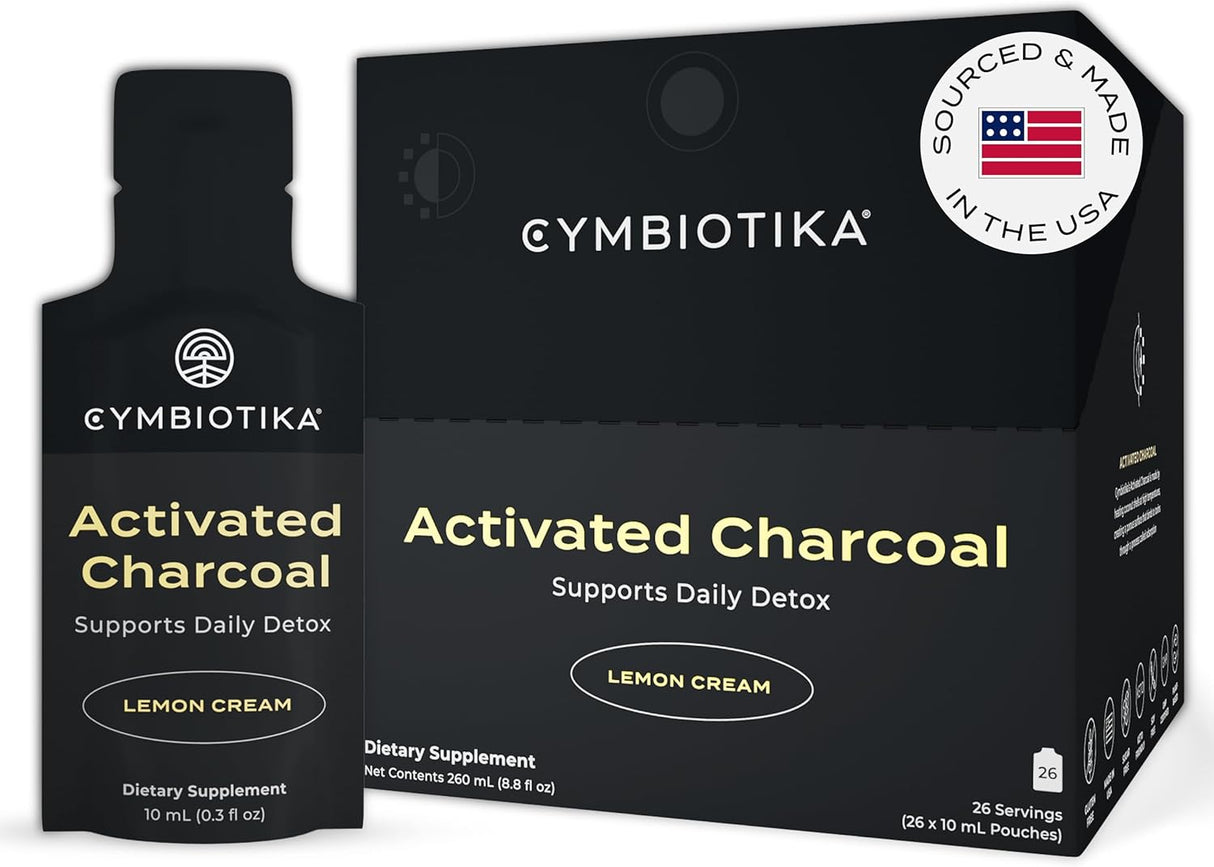 CYMBIOTIKA Activated Charcoal Liquid Lemon Cream Flavor 26 Paquetes