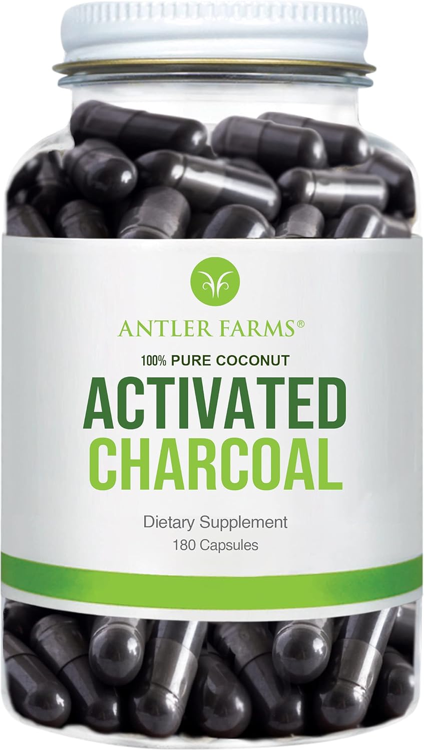 Antler Farms 100% Pure Coconut Activated Charcoal 260Mg. 180 Capsulas