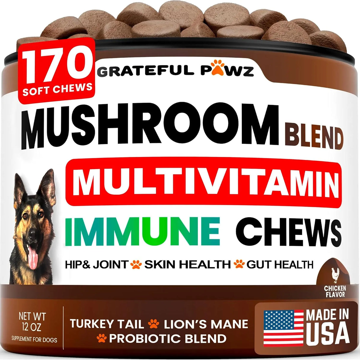 GRATEFUL PAWZ - Grateful Pawz Dog Mushroom Multivitamin Chewable 170 Masticables - The Red Vitamin MX - Multivitamínicos Para Perros - {{ shop.shopifyCountryName }}