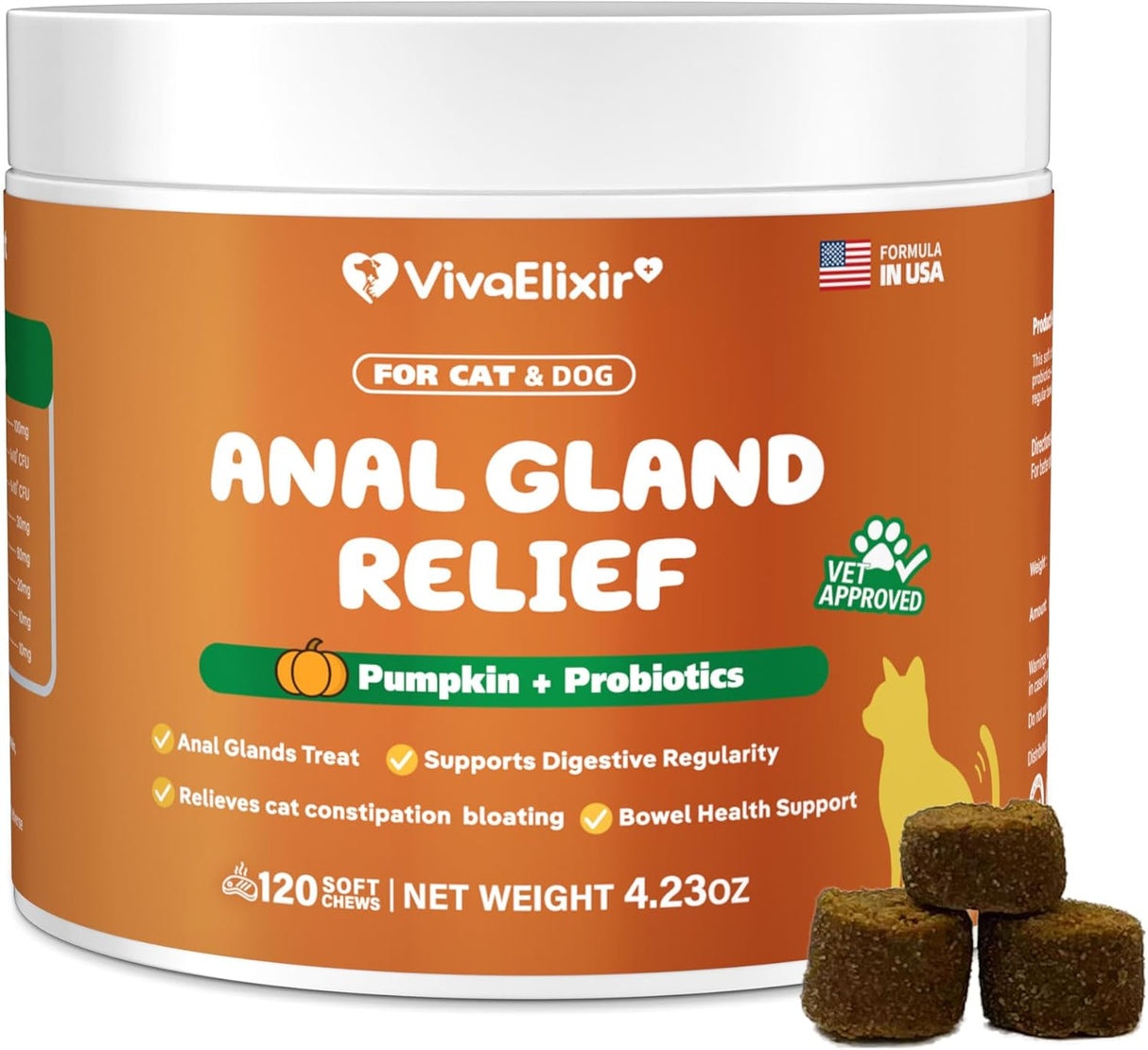 VivaElixir Constipated Cat - Pumpkin + Probiotic Soft Chews 120 Masticables