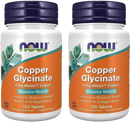 Now Supplements Copper Glycinate with 3Mg. Albion Copper 120 Tabletas 2 Pack