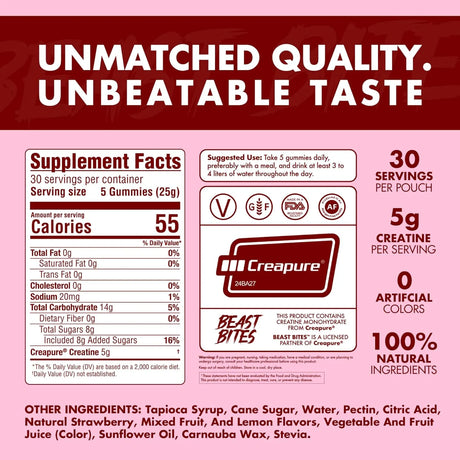 BEAST BITES - BEAST BITES Creatine Bites 5g Creatine Monohydrate Strawberry 30 Gomitas - The Red Vitamin MX - Suplementos Alimenticios - {{ shop.shopifyCountryName }}