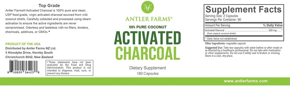 Antler Farms 100% Pure Coconut Activated Charcoal 260Mg. 180 Capsulas