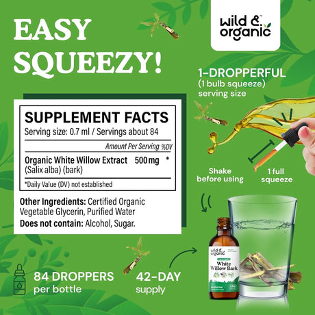WILD & ORGANIC - Wild & Organic White Willow Bark Extract Liquid Drops 2 Fl.Oz. - The Red Vitamin MX - Suplementos Alimenticios - {{ shop.shopifyCountryName }}