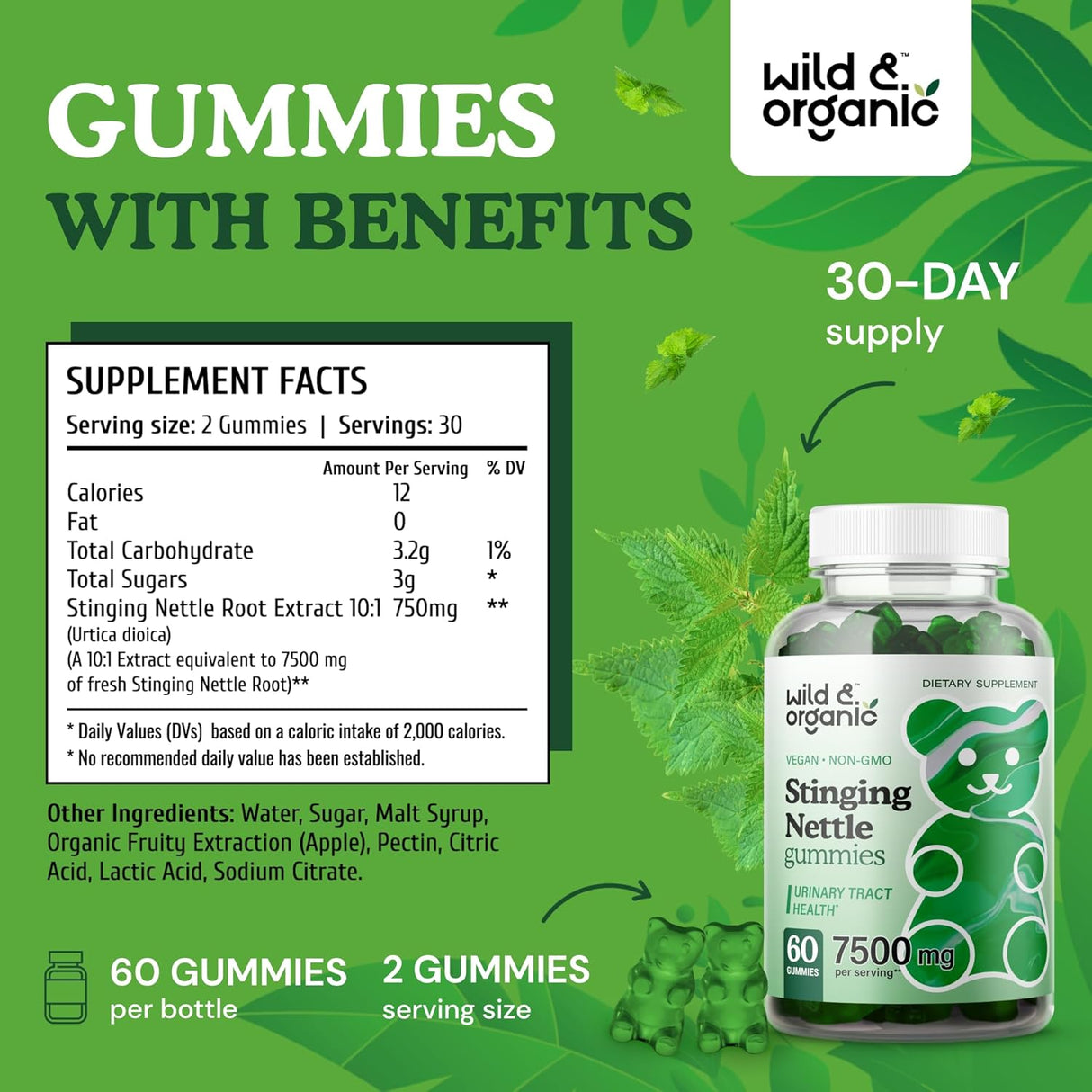 WILD & ORGANIC - Wild & Organic Stinging Nettle Root Gummies 7500Mg. 60 Gomitas - The Red Vitamin MX - Suplementos Alimenticios - {{ shop.shopifyCountryName }}