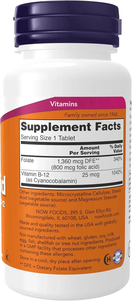 NOW SUPPLEMENTS - Now Supplements Folic Acid 800mcg + B-12 250 Tabletas - The Red Vitamin MX - Suplementos Alimenticios - {{ shop.shopifyCountryName }}