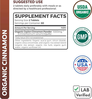 HEALTHS HARMONY - Healths Harmony USDA Organic Ceylon Cinnamon 1000Mg. 120 Tabletas - The Red Vitamin MX - Suplementos Alimenticios - {{ shop.shopifyCountryName }}