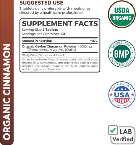 HEALTHS HARMONY - Healths Harmony USDA Organic Ceylon Cinnamon 1000Mg. 120 Tabletas - The Red Vitamin MX - Suplementos Alimenticios - {{ shop.shopifyCountryName }}