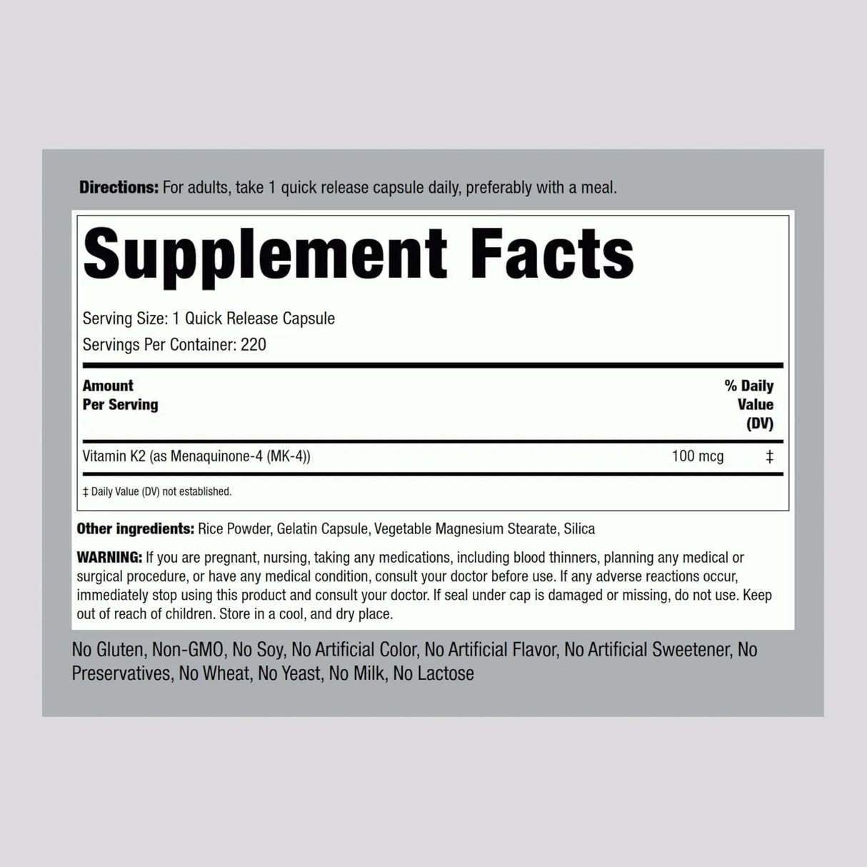 PIPING ROCK - Piping Rock Vitamin K2 MK4 100mcg 220 Capsulas - The Red Vitamin MX - Suplementos Alimenticios - {{ shop.shopifyCountryName }}