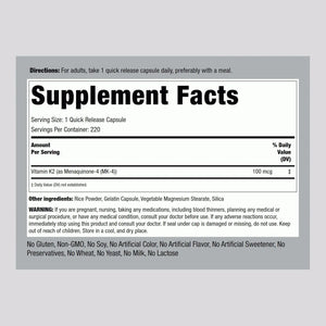 PIPING ROCK - Piping Rock Vitamin K2 MK4 100mcg 220 Capsulas - The Red Vitamin MX - Suplementos Alimenticios - {{ shop.shopifyCountryName }}