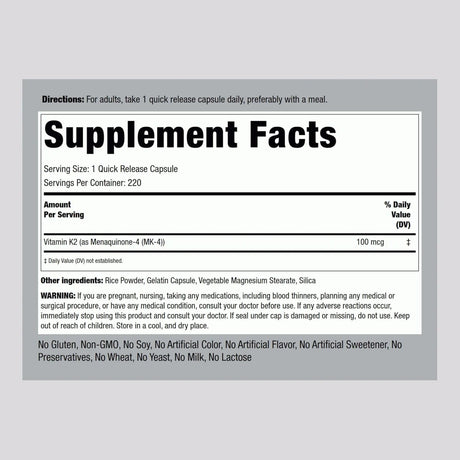 PIPING ROCK - Piping Rock Vitamin K2 MK4 100mcg 220 Capsulas - The Red Vitamin MX - Suplementos Alimenticios - {{ shop.shopifyCountryName }}