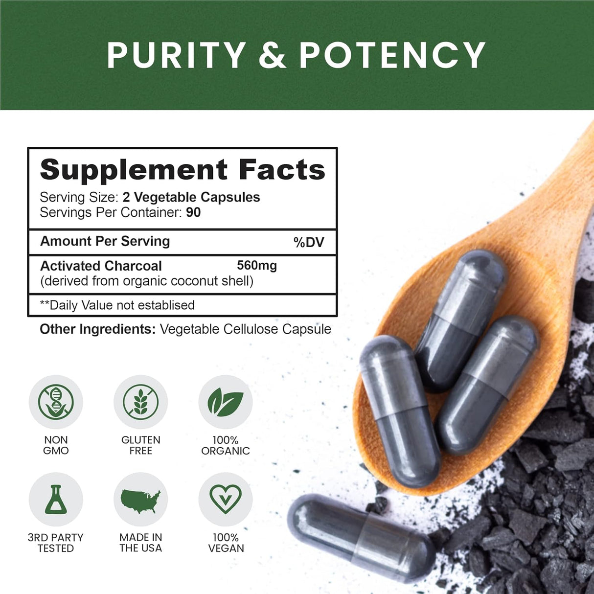 Whole Nature Pure Coconut Activated Charcoal 180 Capsulas 2 Pack