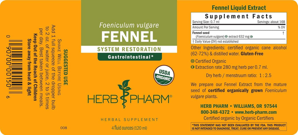 Herb Pharm Certified Organic Fennel Liquid Extract 4 Fl.Oz.