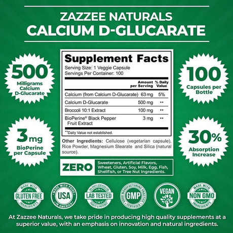 ZAZZEE NATURALS - Zazzee High Absorption Calcium D-Glucarate 500Mg. 100 Capsulas - The Red Vitamin MX - Suplementos Alimenticios - {{ shop.shopifyCountryName }}