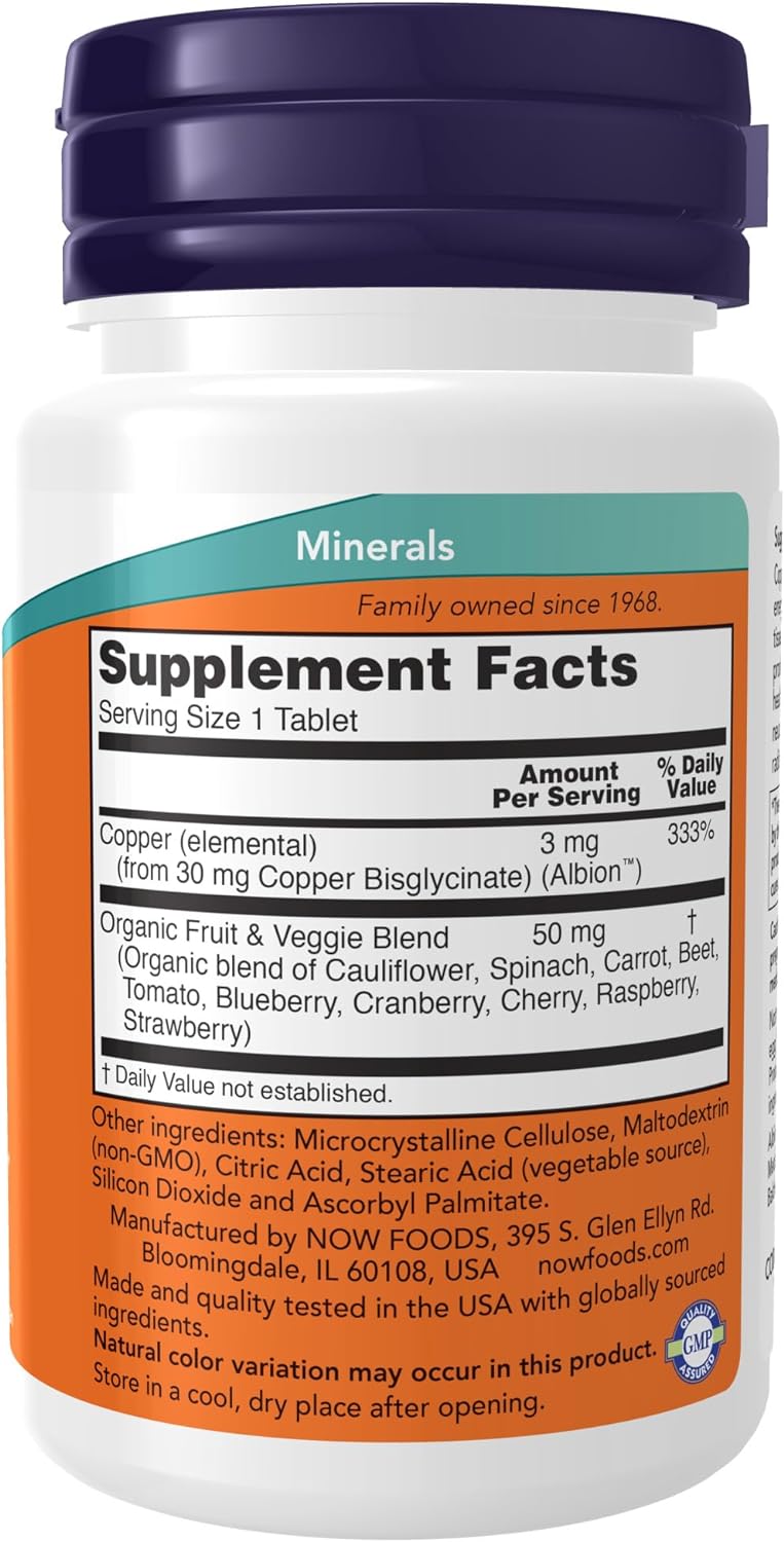 Now Supplements Copper Glycinate with 3Mg. Albion Copper 120 Tabletas