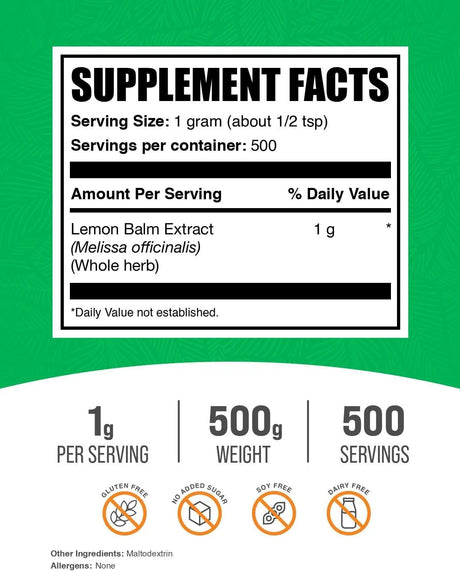 BULK SUPPLEMENTS - Bulk Supplements Lemon Balm Extract Powder 500Gr. - The Red Vitamin MX - Suplementos Alimenticios - {{ shop.shopifyCountryName }}
