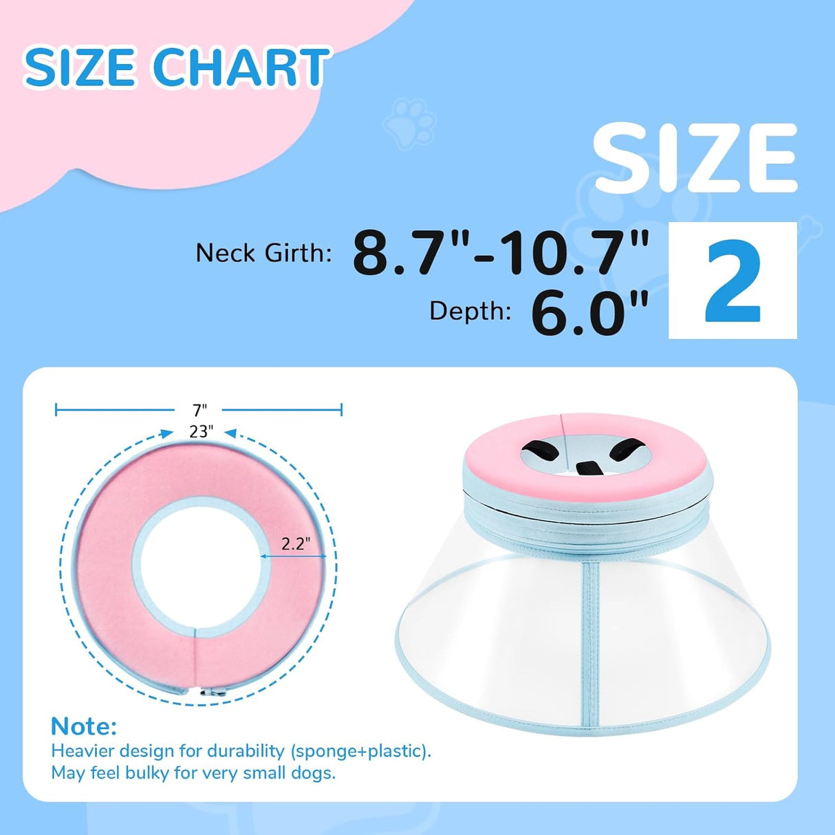 ICOYEA Sponge Core Dog Cone PINK Size 2 Neck: 8.7"- 10.7"