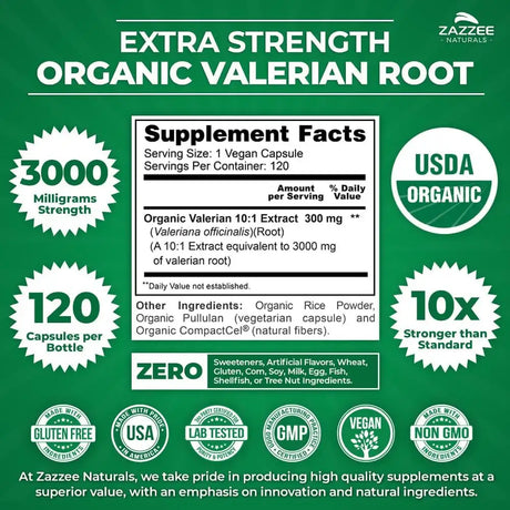 ZAZZEE NATURALS - Zazzee USDA Organic Valerian Root 10:1 Extract 120 Capsulas - The Red Vitamin MX - Suplementos Alimenticios - {{ shop.shopifyCountryName }}