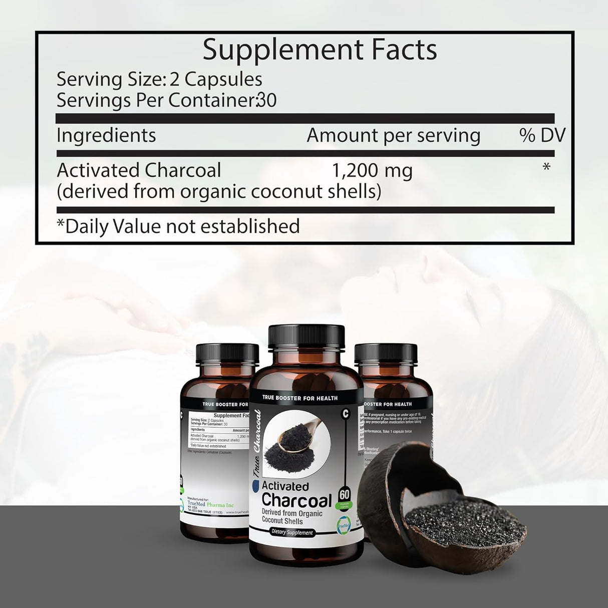 TRUEMED Activated Charcoal Organic Coconut Shell Derived 1200Mg. 60 Capsulas