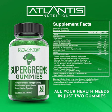 Atlantis Nutrition Supergreens Gummies Natural Raspberry Flavor 60 Gomitas 2 Pack