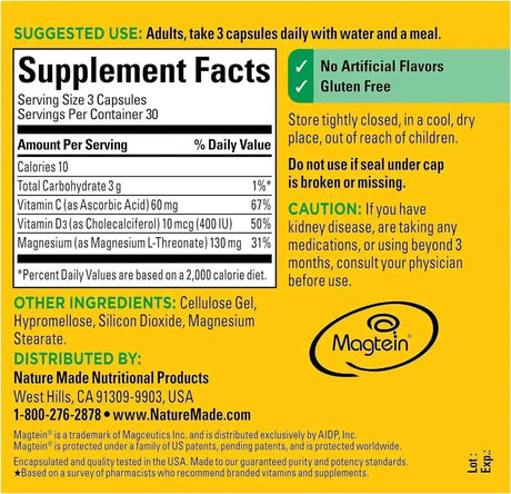 NATURE MADE - Nature Made Magnesium L-Threonate with Vitamin C & Vitamin D3 90 Capsulas - The Red Vitamin MX - Suplementos Alimenticios - {{ shop.shopifyCountryName }}