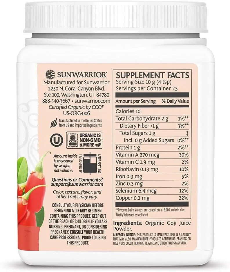 SUNWARRIOR - Sunwarrior Goji Berries Powder 250Gr. - The Red Vitamin MX - Suplementos Alimenticios - {{ shop.shopifyCountryName }}