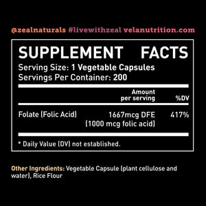 VELA NUTRITION - Vela Folic Acid 1000mcg 200 Capsulas - The Red Vitamin MX - Suplementos Alimenticios - {{ shop.shopifyCountryName }}