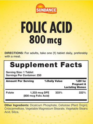 SUNDANCE - Sundance Folic Acid 800mcg 250 Tabletas - The Red Vitamin MX - Suplementos Alimenticios - {{ shop.shopifyCountryName }}